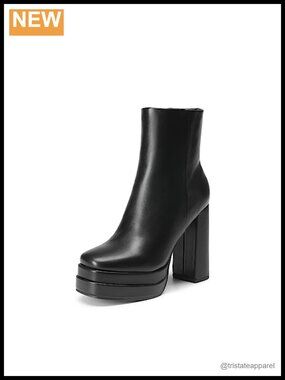 Women's Platform Chunky Heel Ankle Boots Square Toe Side Zip Faux Leather
